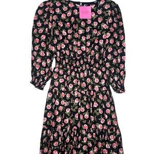 NWT Kate Spade Black and Pink Ditsy Roses Flirt Dress Quarter sleeve